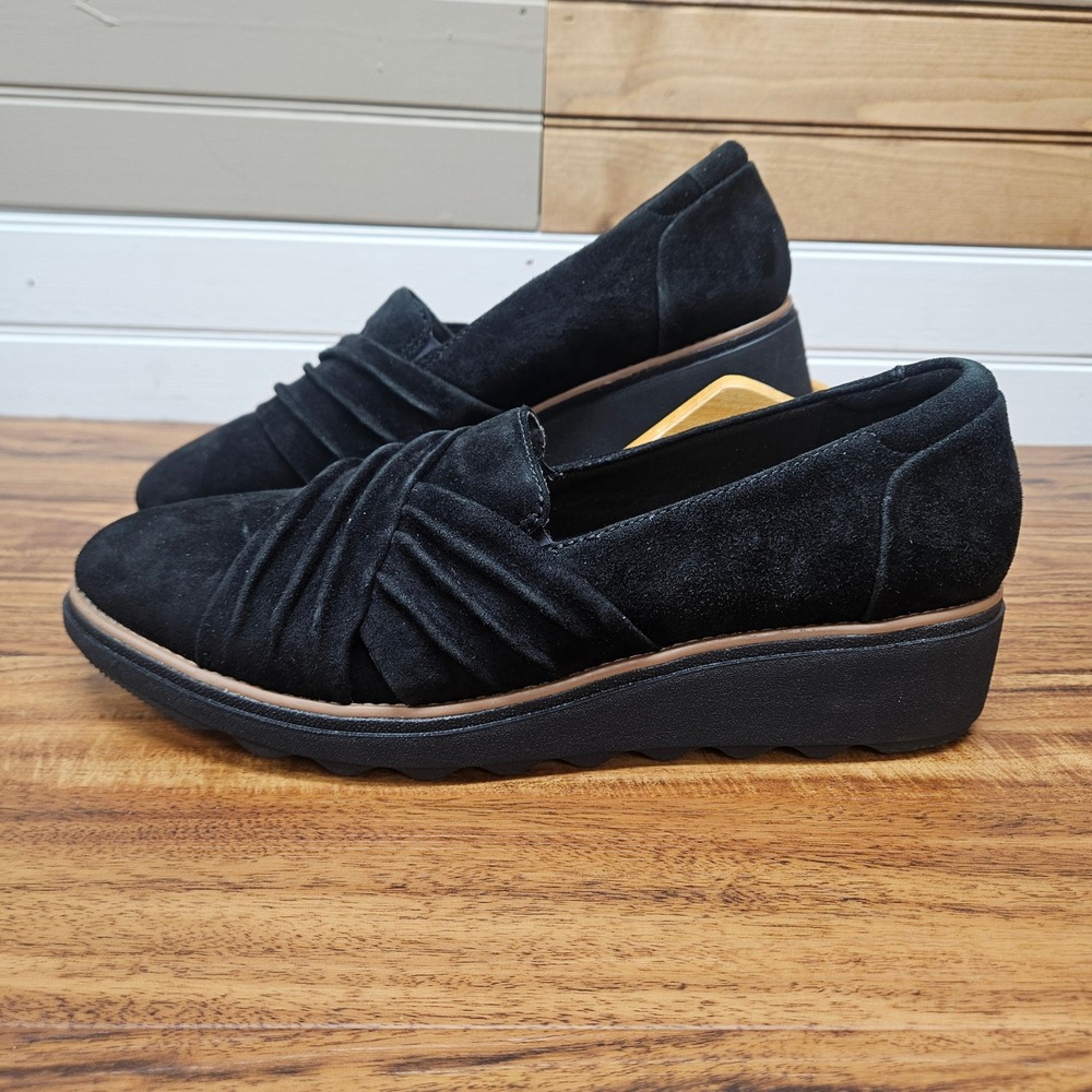 Clarks Collection Adriel Wave Black Suede Pleated Wedge Loafers Womens 11 M